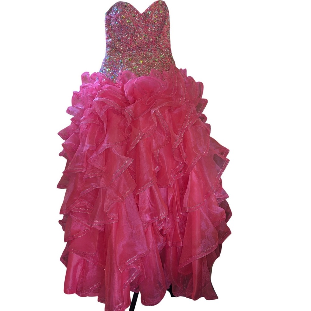 Quinceañera Collection House of Wu Hot Pink Beaded Ruffle Ball Gown‎ Dress 8
